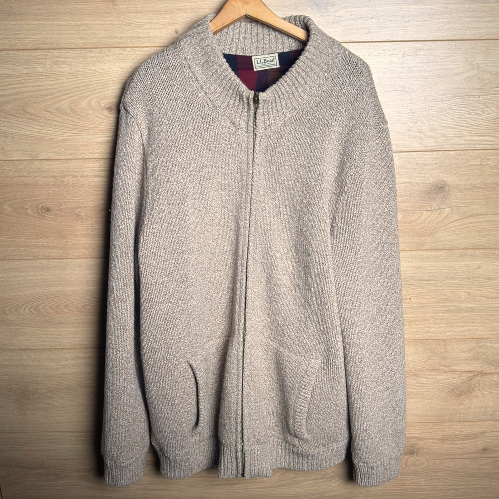 LL Bean Mens Tan Knit Full Zip Sweater Jacket Plaid Lined Size‎ XL